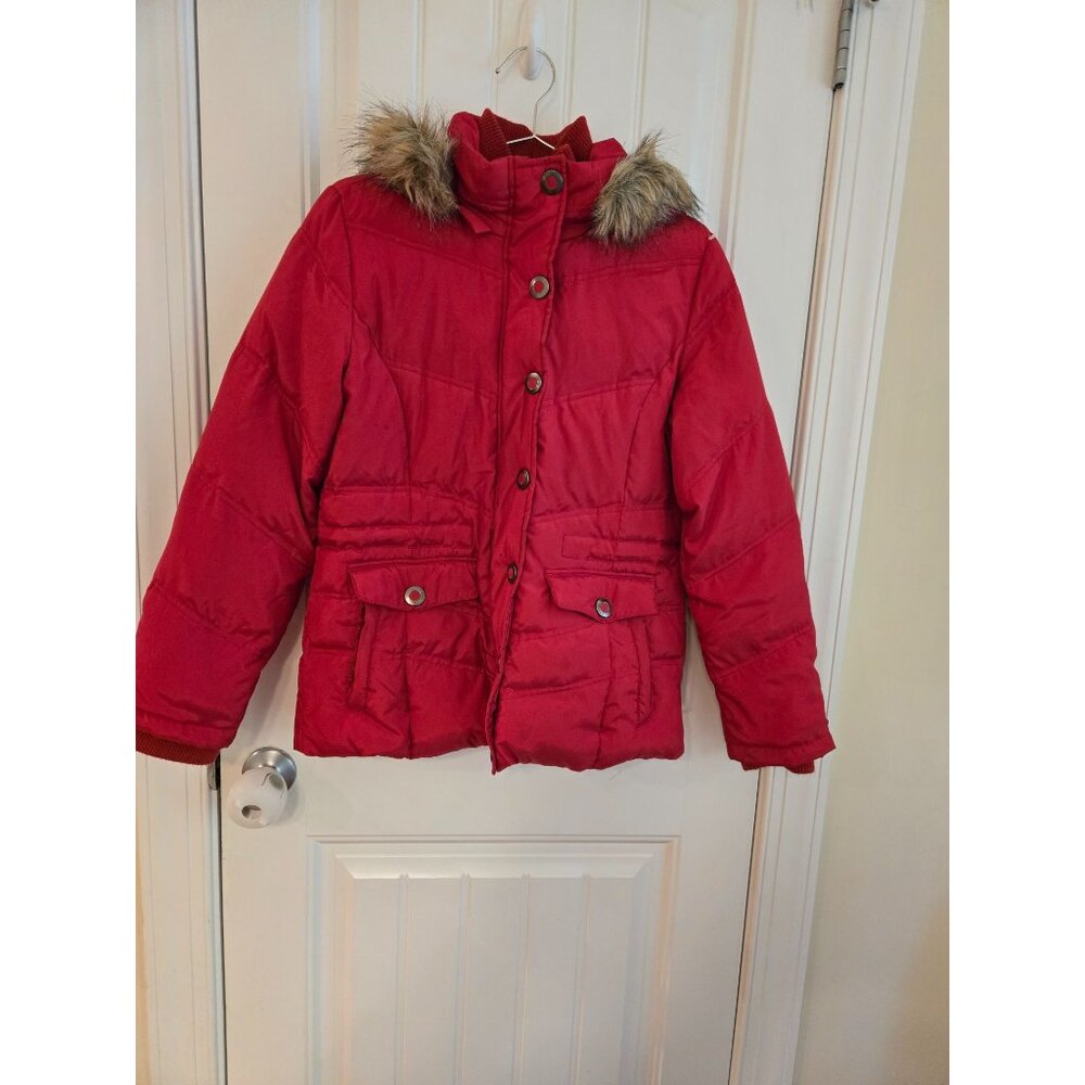 New York & Company Red Faux Fur Trim Womens Winter Puffer Coat Size M Polyester